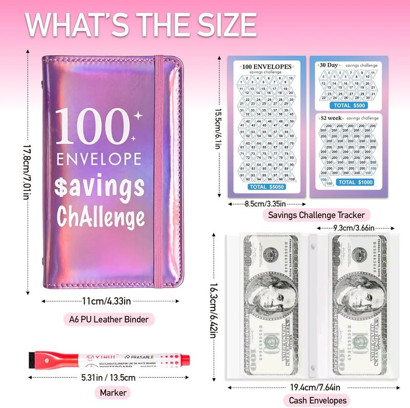 gusutide 100 Envelope Savings Challenge Binder, Money Saving Binder with Cash Envelopes, from 30 Days to 52 Weeks, to Save $500,$5,050 and $10,000, back to school supplies,gift for children (Shining Pink-A6) - Image 2